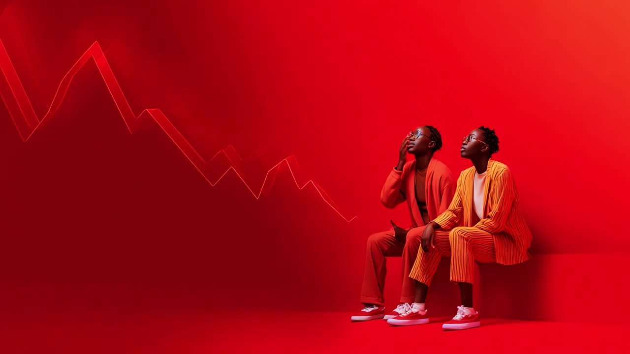 A Reflective Moment: Two Individuals in Stylish Orange and Red Outfits Set Against a Striking Red Background with Dynamic Graph Lines Symbolizing Market Trends and Emotions