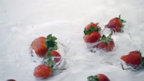 Slomo-Von-Erdbeeren,-Die-Auf-Weißem-Hintergrund-Ins-Wasser-Fallen