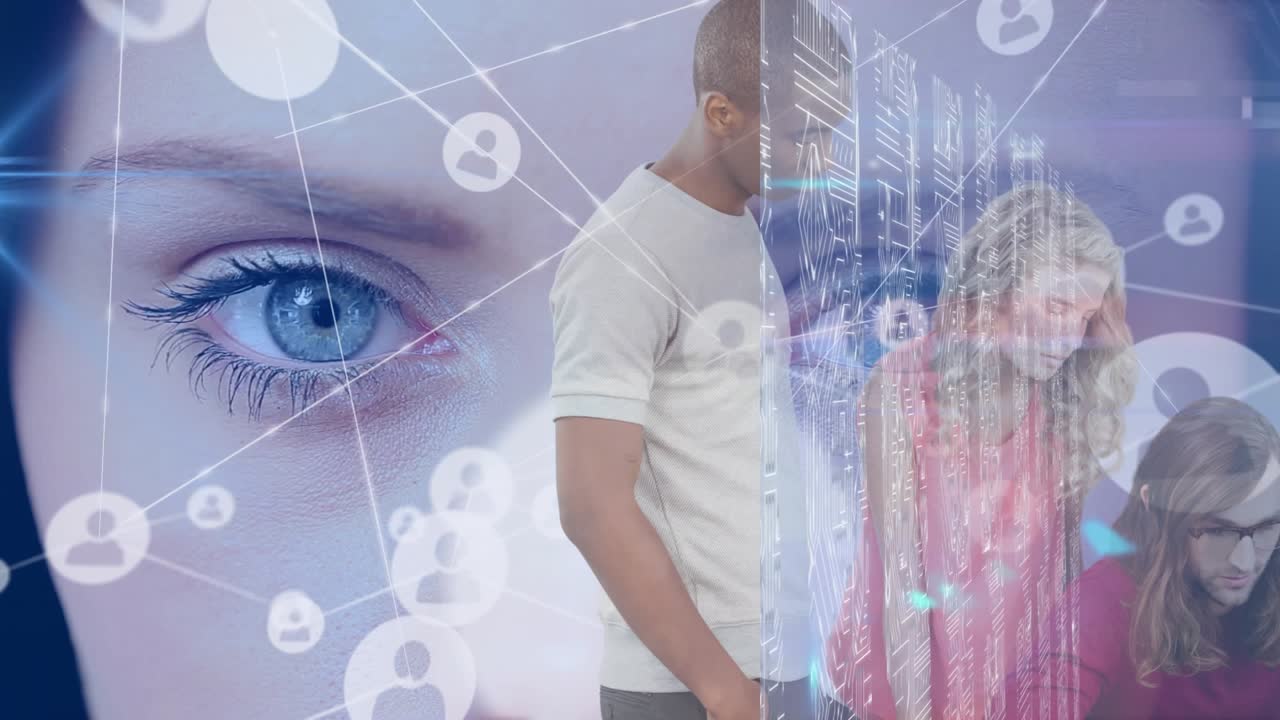 Animation of network of connetcions with icons over diverse people