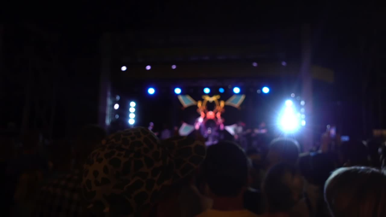 Concerto sul palco. Folla di persone e musicisti sulla scena. Fuori fuoco