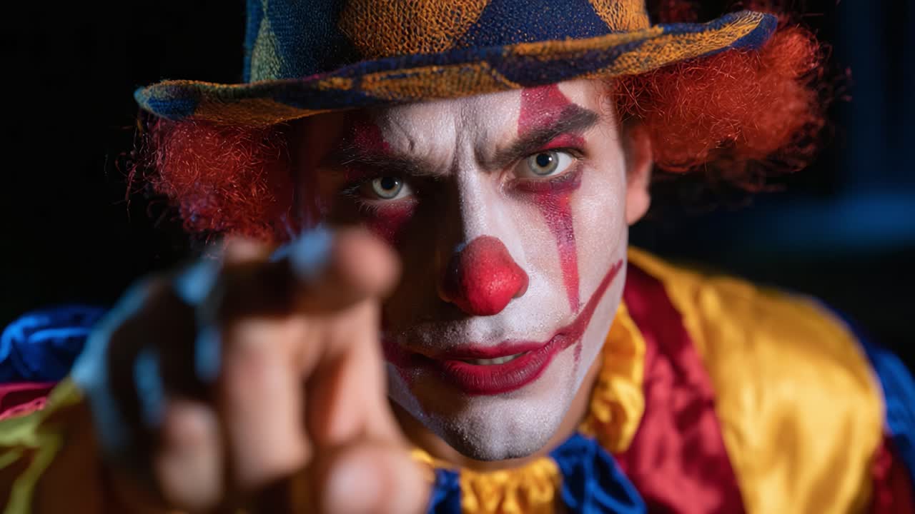 An Intense Clown Stares Directly at the Camera with a Flamboyant Costume, Pointing Finger and Dramatic Makeup That Draws the Viewer into a Hypnotic Performance
