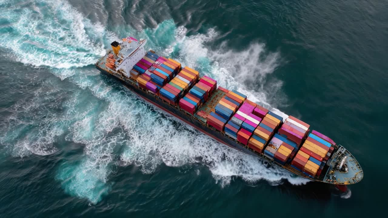 Vibrant Container Ship Navigating Through Turbulent Waters, Showcasing an Array of Colorful Cargo in a Dynamic Marine Environment