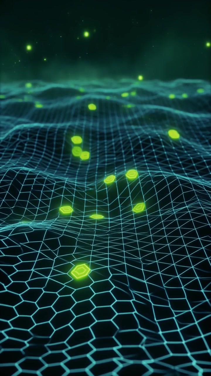Abstract Digital Terrain with Glowing Green Hexagons and Data Flow