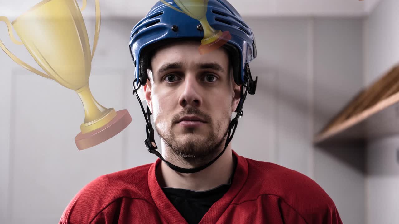 animación de copas ganadoras que caen sobre un jugador de hockey sobre hielo caucásico con casco