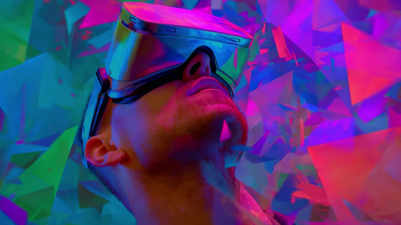 Immersive Virtual Reality Experience Captured: A User Engages with a Vibrant, Colorful Environment Wearing a Headset That Transports Them to a Digital Dreamscape