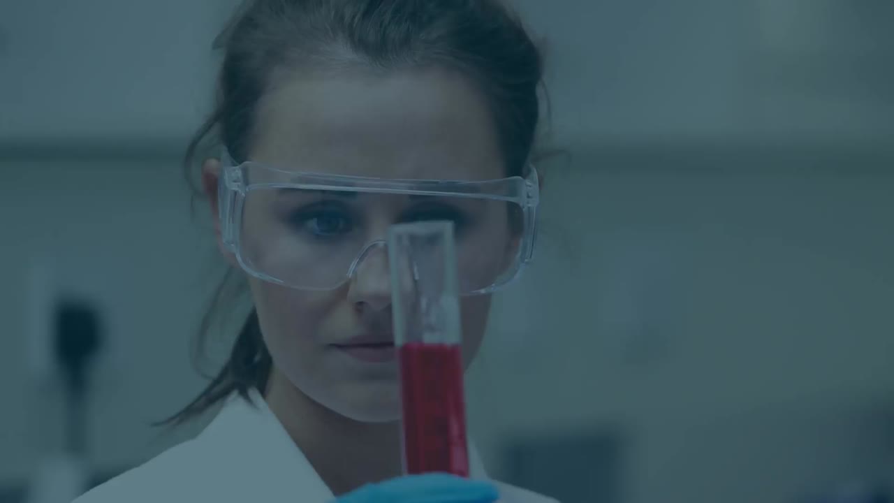 animación de moléculas sobre el científico caucásico en el laboratorio