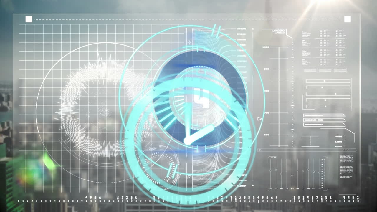 스크린에서 카운트다운과 데이터 처리와 함께 범위 위의 시계의 애니메이션