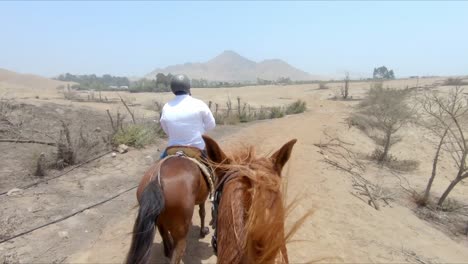 rider pov, two equestrian horse riders galloping through arid farmland