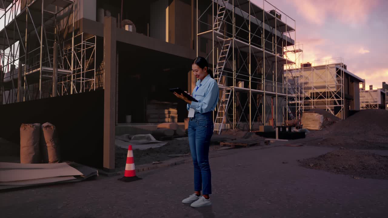 Full Body Side View Of Asian Female With Her Tablet At Construction Site in Progress to New House, Working Continuously With Her Tablet