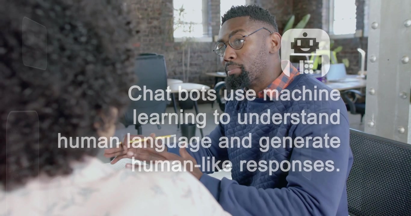 Animation of artificial intelligence data processing over diverse business people in office