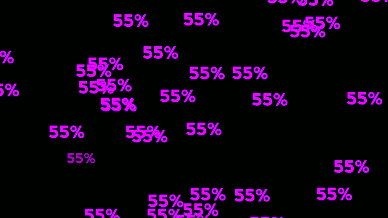 número de neón 55 por ciento símbolo de signo animación moderna moviéndose sobre fondo negro, brillando y brillando para elementos de video concepto de negocio