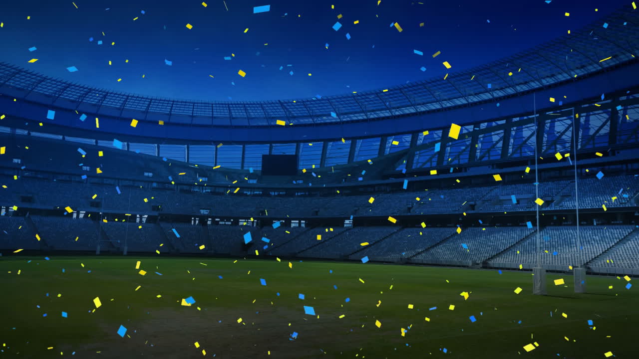 stadio sportivo con confetti blu e gialli che cadono