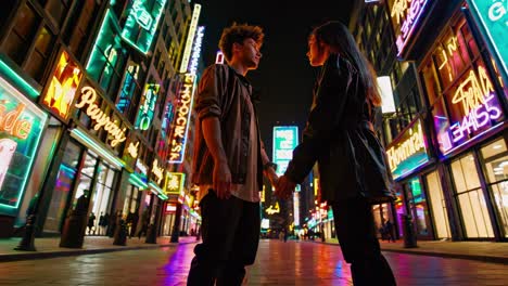 young couple standing holding hands in futuristic urban street, illuminated by vibrant neon signs casting colorful glow across dark contemporary cityscape