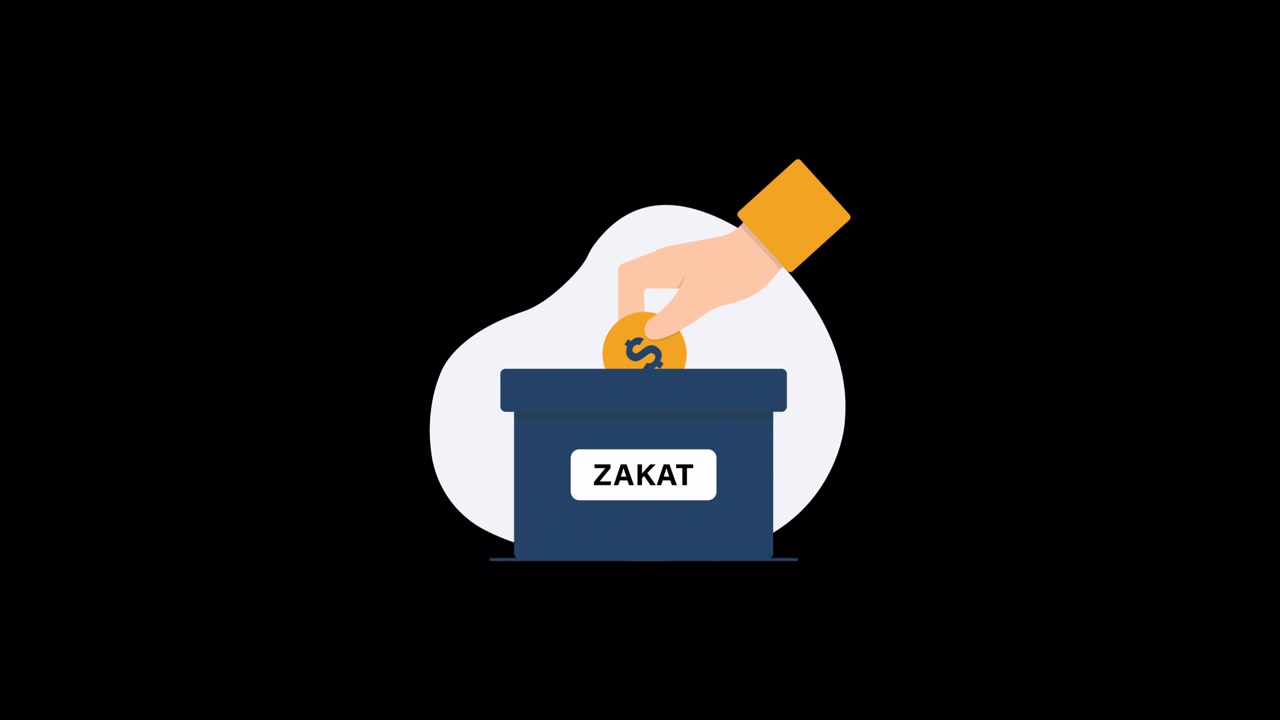 Mano animata che lascia cadere una moneta in una cassetta per le donazioni Zakat.