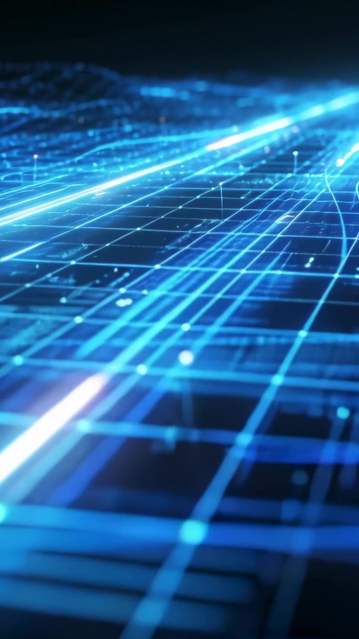 Video vertical: Cámara en movimiento creando una cuadrícula azul que envía rastros y nodos sobre un plano oscuro mostrando datos.