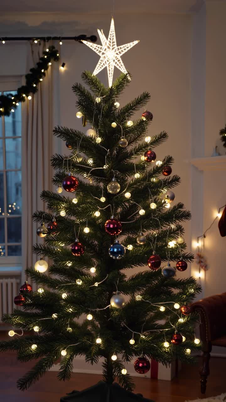 Cozy living room with a decorated Christmas tree, captured from a low angle
