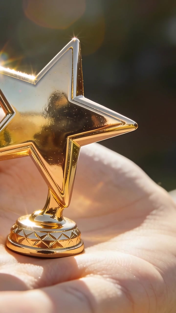 Vertical video: Holding open palm showing small gold star trophy at park, sunlight creating glints