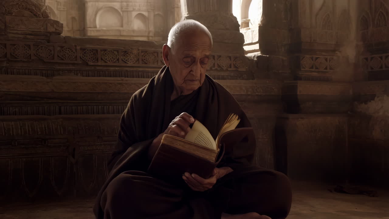 Elderly man reading an ancient book in a temple