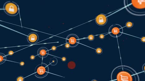 animación de la red de conexiones con iconos de compras en línea sobre fondo azul