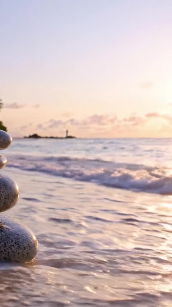 Paisaje de playa sereno con piedras equilibradas contra un tranquilo atardecer oceánico, capturando la calma de la naturaleza y la belleza de los placeres simples.