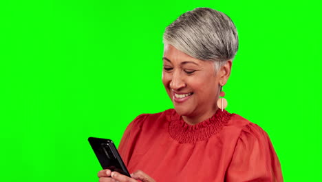 Phone,-happy-and-senior-woman-on-green-screen