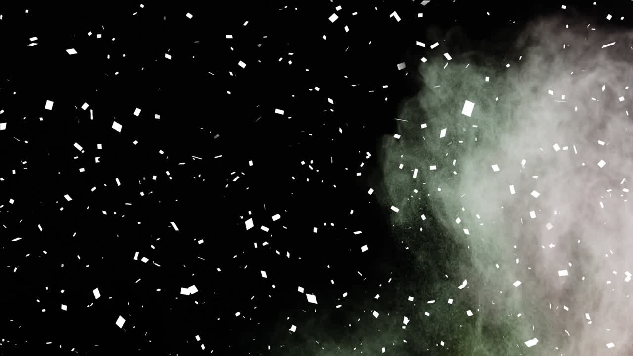 복사 공간과 함께 검은 바탕에 색의 파우더 폭발을 통해 떨어지는 콘페티의 애니메이션