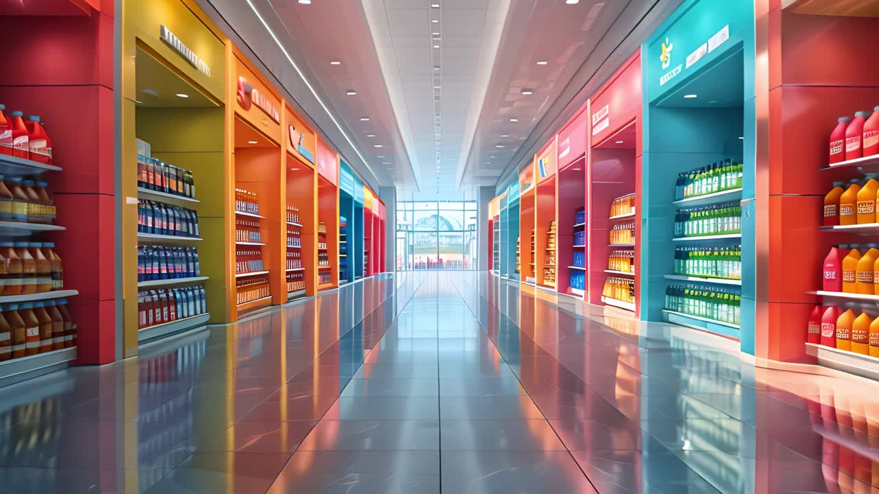 Empty, Colorful Aisle in a Modern Supermarket
