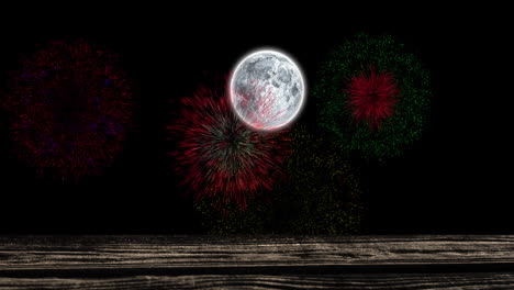 animation of full moon with colourful christmas and new year fireworks exploding in night sky