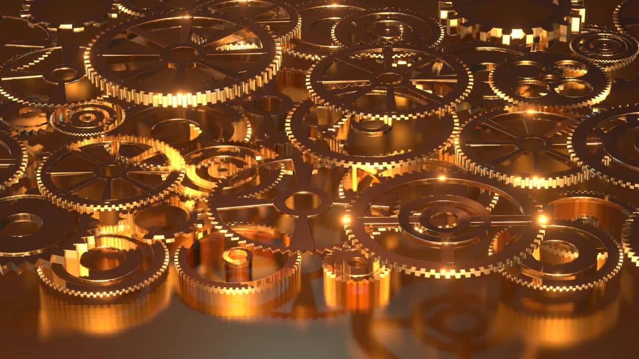 многие золотые шестерни вращаются как концепция любого механизма или командной работы. технический 3d фон 4k бесшовный цикл