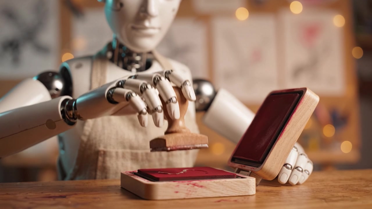 Una mano robotica applica abilmente un timbro per creare un'impressione, mostrando la fusione di tecnologia e arte in uno spazio di lavoro creativo adornato con opere d'arte
