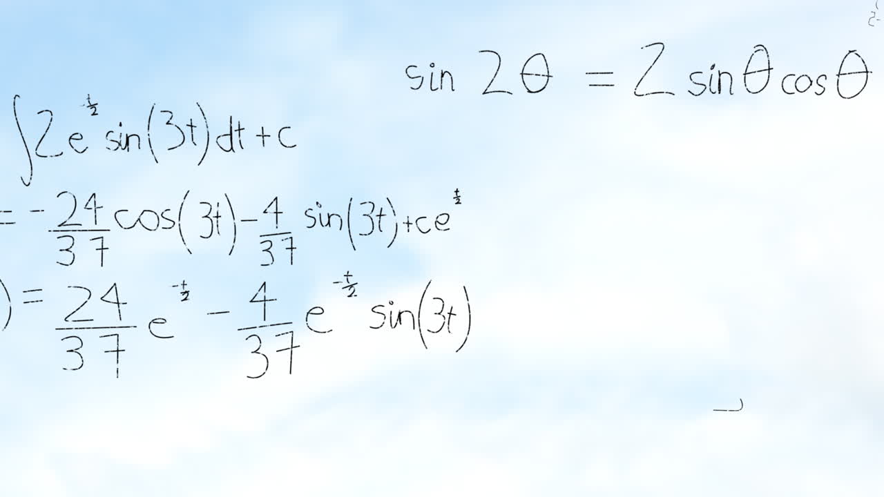 Animation of mathematical equations and formulas on cloudy sky background