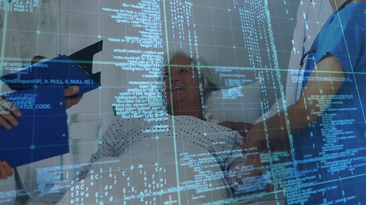 Animation of data processing over female doctor with senior patient