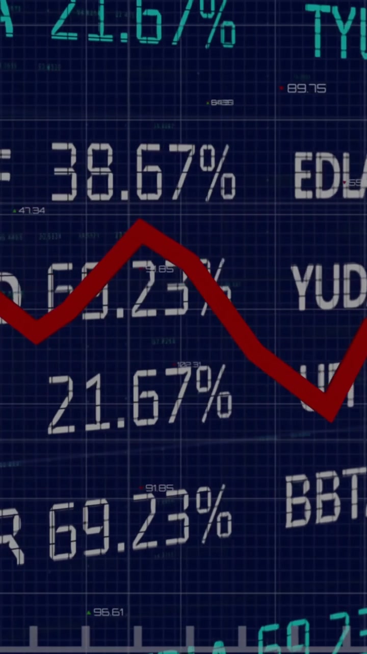 Animation of financial data processing over dark background
