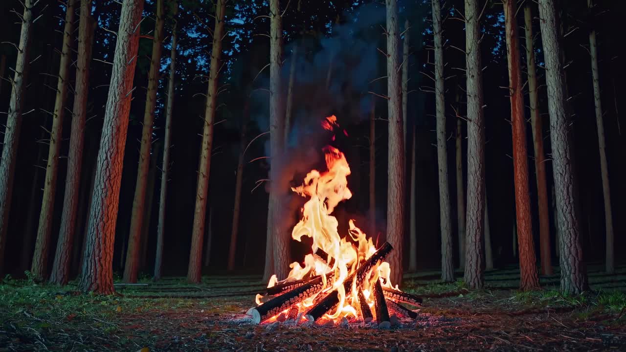 A mesmerizing video of a campfire in a dense forest, captured from a low angle