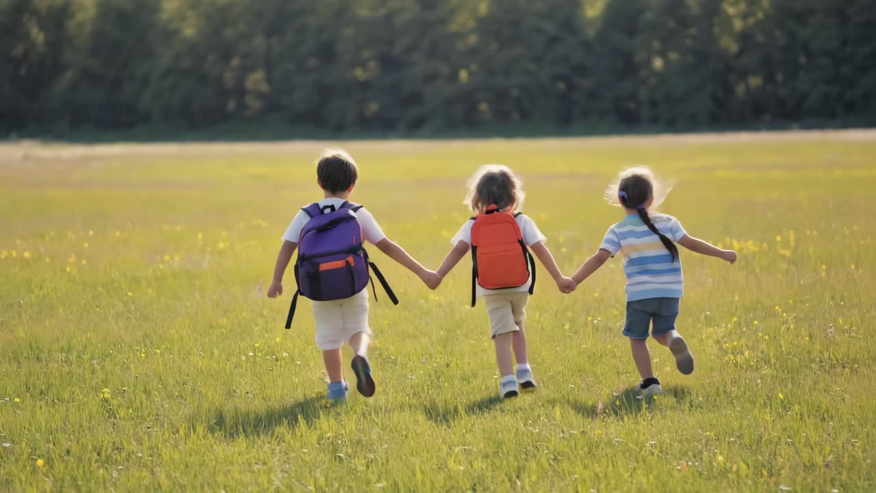 Children running in a field with backpacks