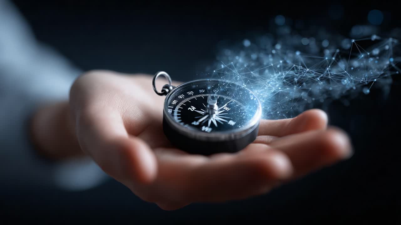 Exploring the Future: A Hand Holding a Compass Surrounded by Digital Light and Connections, Symbolizing Guidance and Innovation in Navigation