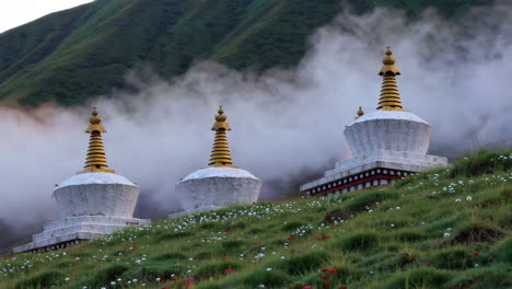 misty stupas in the himalayas