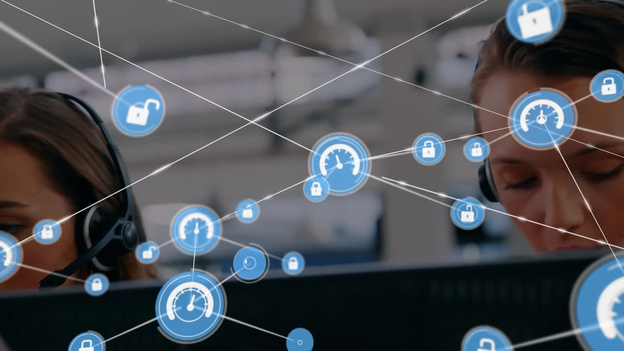 animación de la red de conexiones e iconos sobre personas de negocios que usan auriculares