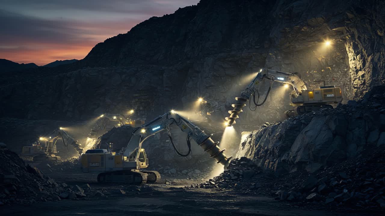 Advanced Excavation in a Quarry: High-Tech Machinery Utilizing Precision Drilling in a Darkened Landscape Under Twilight Sky