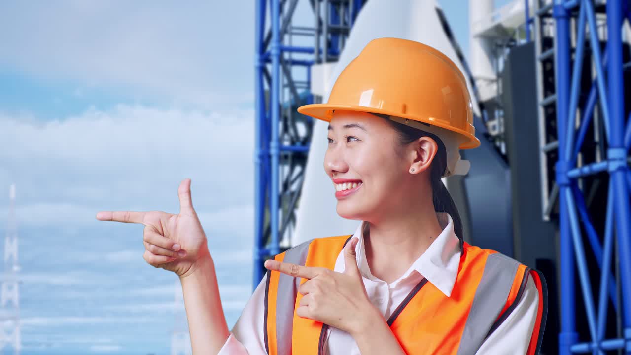 안전 헬을 입은 아시아 여성 엔지니어가 우주왕복선과 함께 서 있는 동안 웃고 을 가리키고 있습니다.