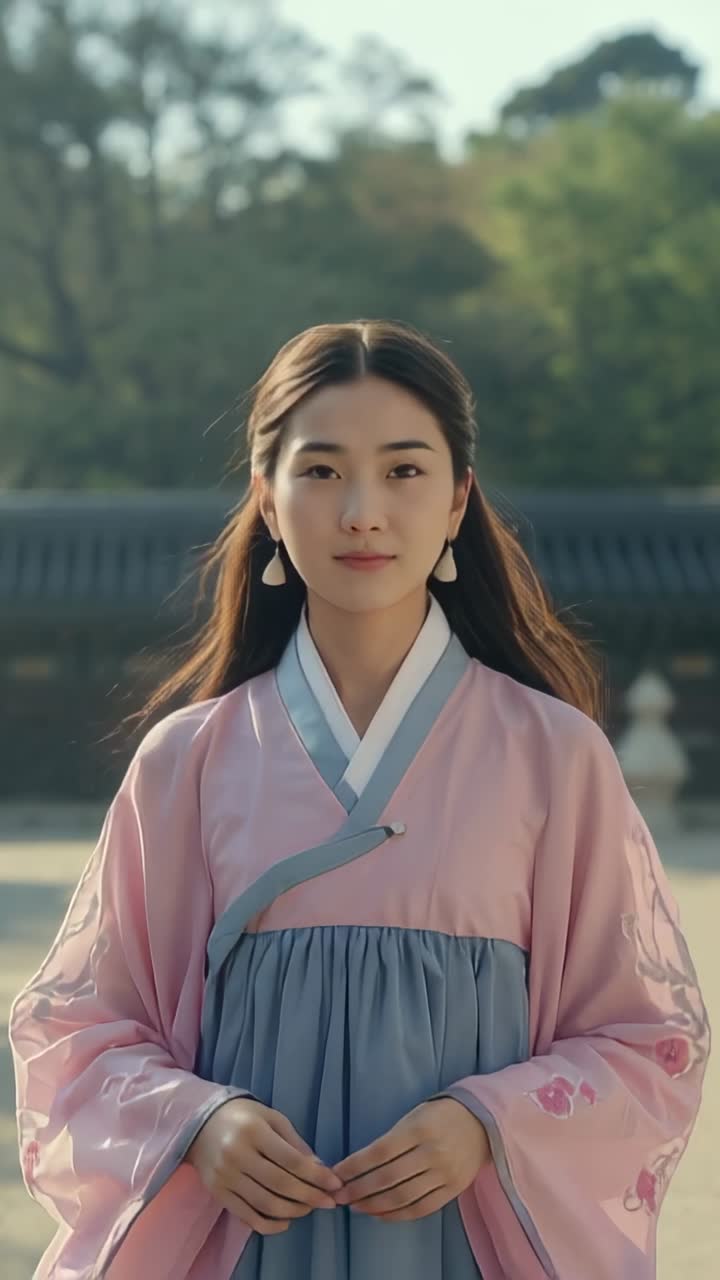 Vertikal video: Asiatisk kvinne som går og løfter hodet mot kameraet i en gårdsplass, iført hanbok