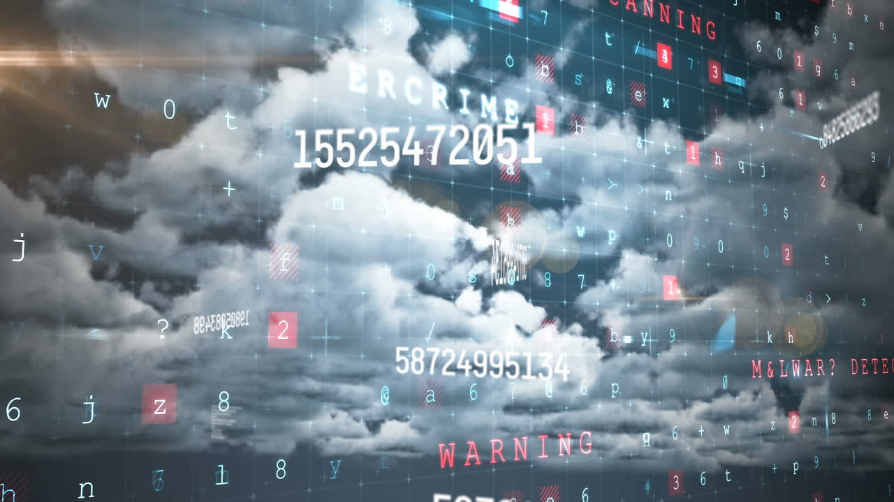 анимация чисел и обработка компьютерного кода над облачным небом