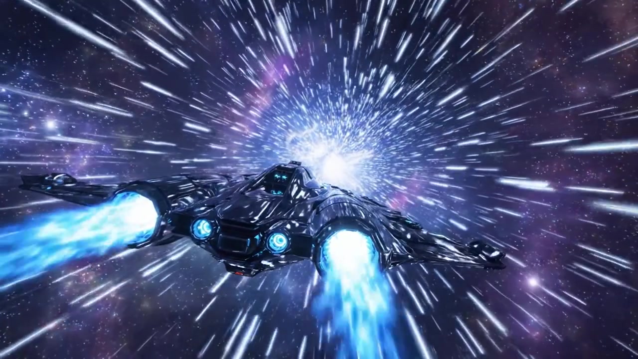 Un'astronave futuristica i cui propulsori si attivano mentre viaggia attraverso un vibrante wormhole cosmico, rappresentando un viaggio nelle profondità sconosciute dello spazio e del tempo.