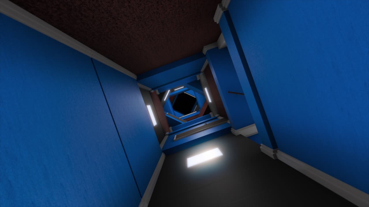 un fascinante pasillo azul con un patrón espiral repetitivo crea una ilusión óptica de un túnel sin fin.