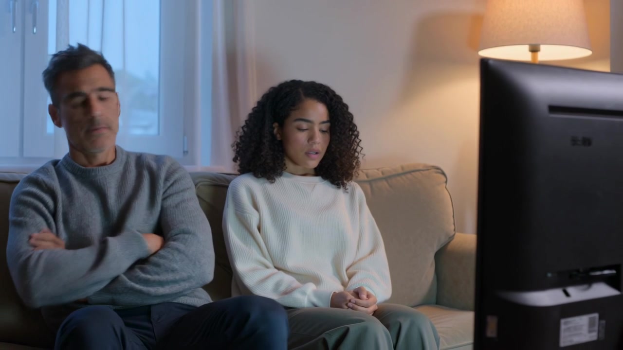 Shifting man in gray sweater standing up on couch after tense exchange, woman relaxing with tablet