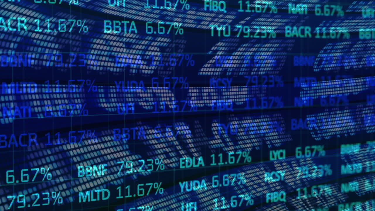 Animation of financial data processing over black background