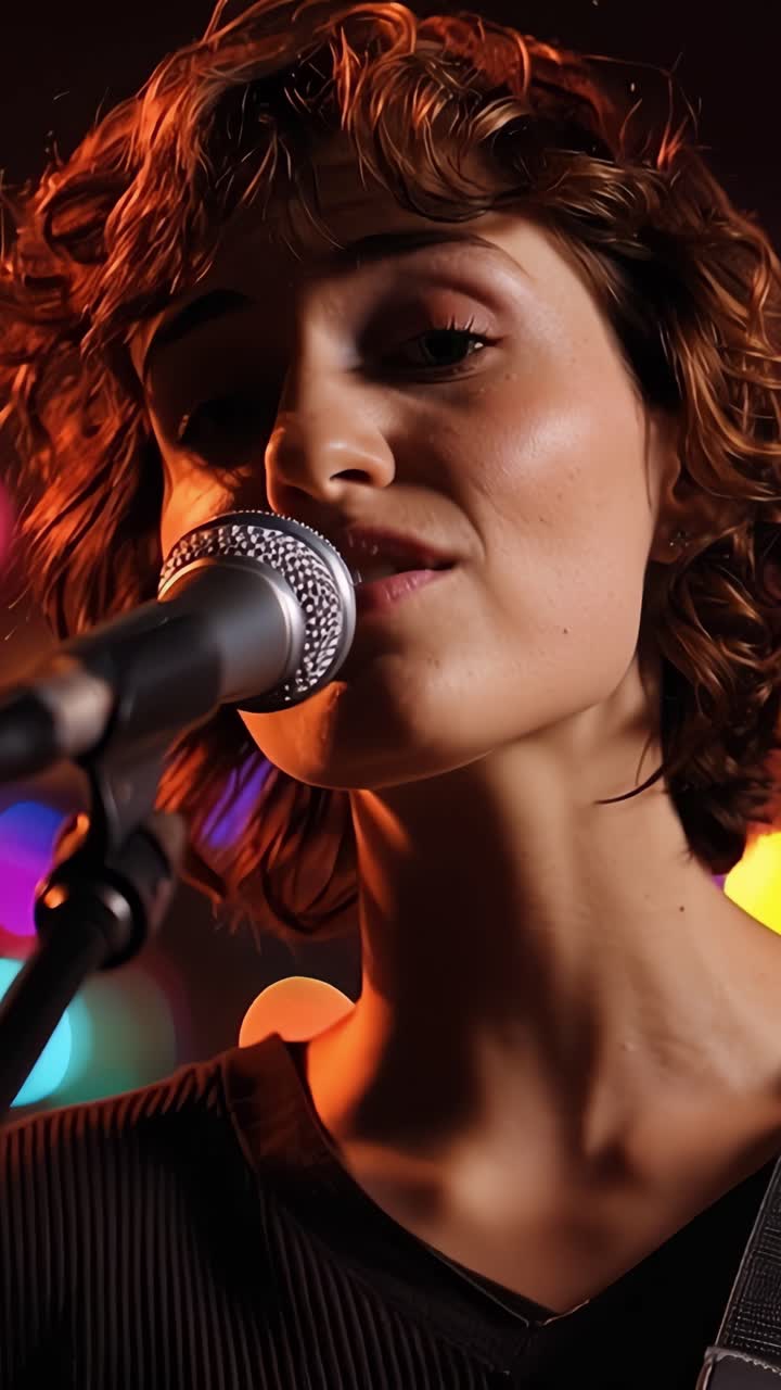 Performance accattivante: una giovane cantante incanta il pubblico con la sua voce piena d'anima sotto vivaci luci sceniche in un'atmosfera musicale coinvolgente.