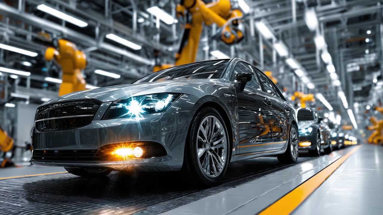 Un'auto elegante e moderna scivola oltre bracci robotici in un impianto di produzione ad alta tecnologia, mostrando ingegneria automobilistica avanzata e innovazione mentre si muove lungo la catena di montaggio.