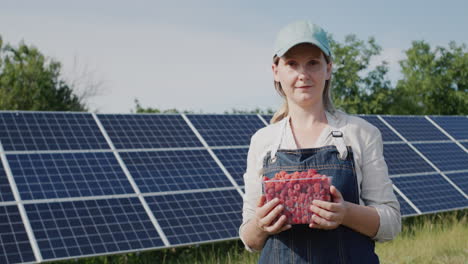 A-farmer-with-a-container-of-raspberries-stands-in-front-of-a-home-solar-power-plant.-Eco-friendly-products-from-a-small-farm