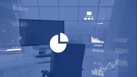 animation of multiple graphs, map, computer language over unoccupied chair and computer on desk